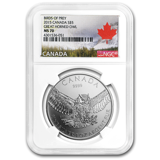 2015 RCM 1 oz Silver Birds of Prey Great Horned Owl MS-70 NGC 2015 RCM 1 oz Silver Birds of Prey Great Horned Owl MS-70 NGC